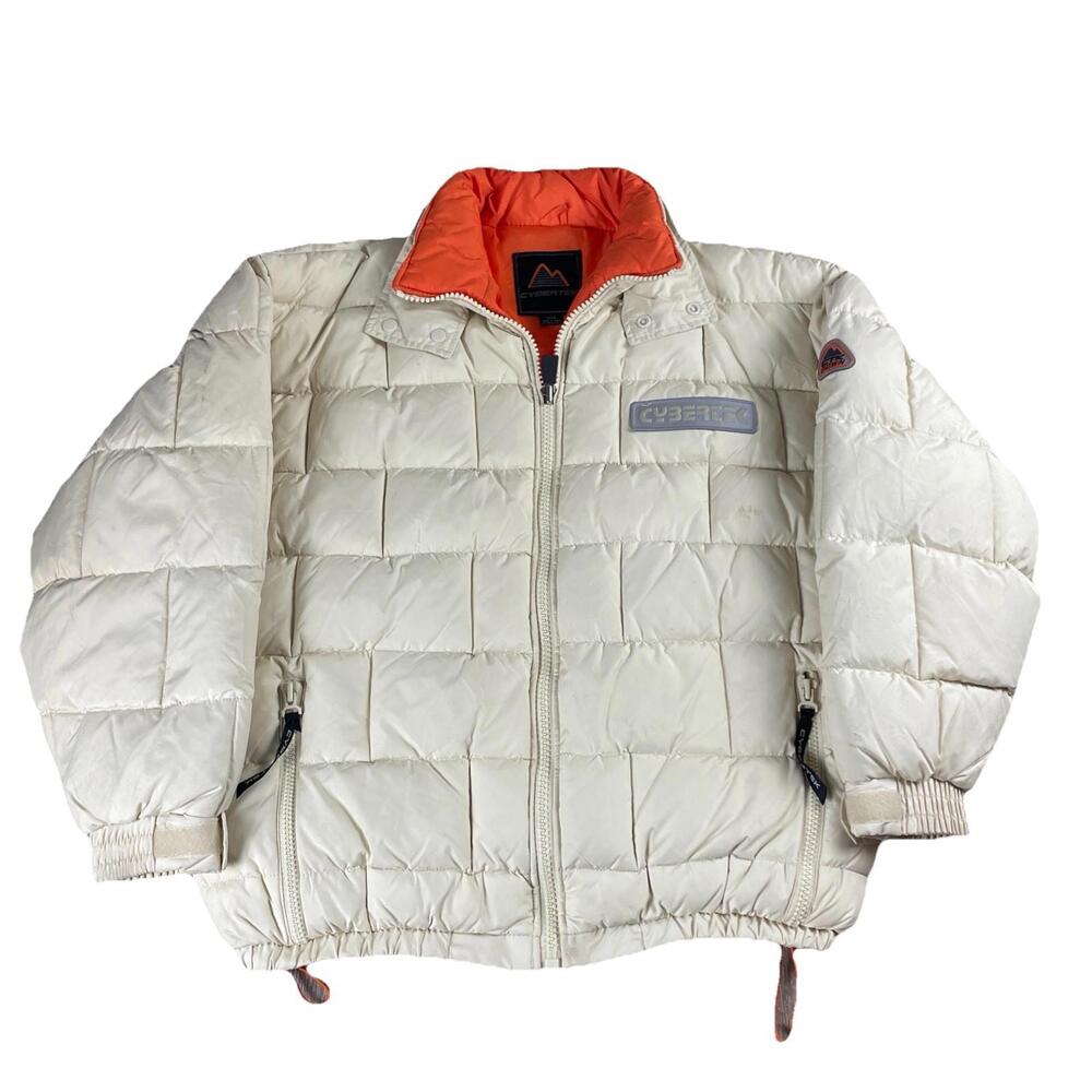 Y2K 90’s Cybertek Heavy Fill Goose Down Puffer Jacket Men's L Beige Orange Trim